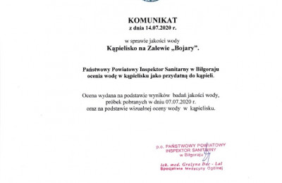 Woda przydatna do kąpieli – Komunikat Państwowego Powiatowego Inspektora Sanitarnego w Biłgoraju z dnia 14.07.2020 r.  